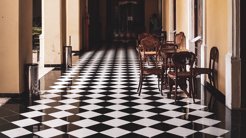 Black and white tiled floor in an old building